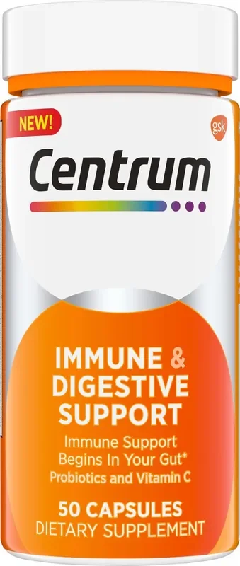 Centrum Immune & Digestive Support, Probiotic Supplement with Vitamin C, Zinc, Organic Botanical Blend, Bacillus Coagulans for Immune Support – 50 Capsules