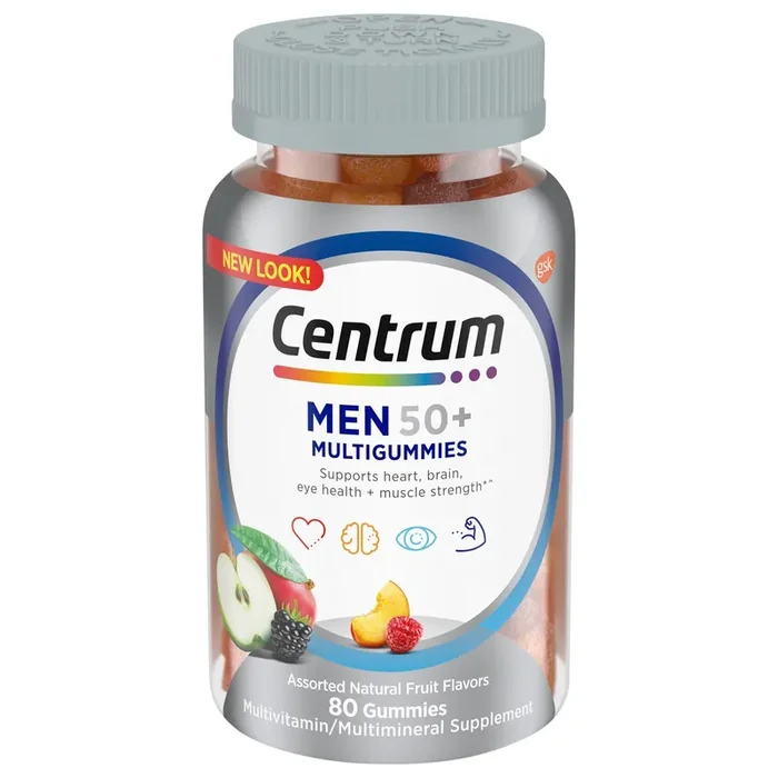 Centrum MultiGummies for Men 50 Plus, Multivitamin/Multimineral Supplement with Vitamins D3, E, B6, and B12, Assorted Fruit Flavor – 80 Count