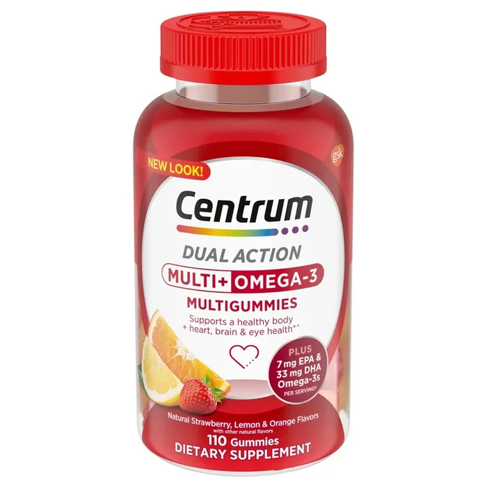 Centrum MultiGummies Multi+ Omega 3 Dual Action, Adult Multivitamin, Multivitamin/Multimineral/Omega 3 Supplement, Strawberry/Lemon/Orange Flavors – 110 Count