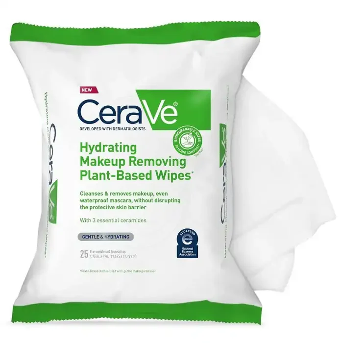 CeraVe Hydrating Makeup Remover Wipes, Plant Based Facial Cleansing Wipes for Sensitive Skin, Fragrance-Free – 25ct