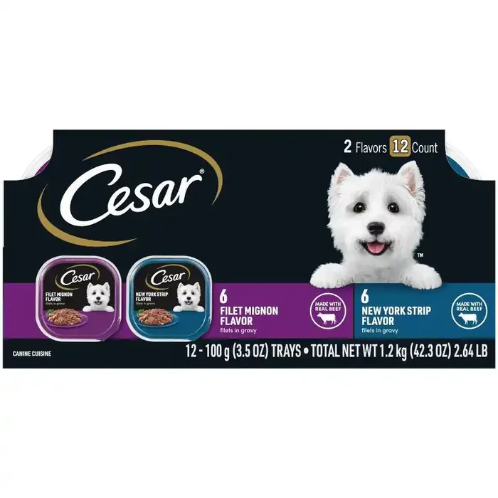 Cesar Filets in Gravy Steak, Beef, and Steak Flavor Variety Pack Small Breed Wet Dog Food – 3.5oz/12ct