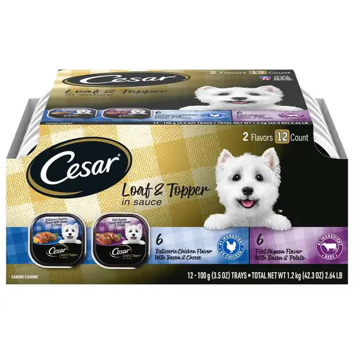 Cesar Loaf & Topper in Sauce Rotisserie Chicken Flavor/Filet mignon Flavor Canine Cuisine 12 ea
