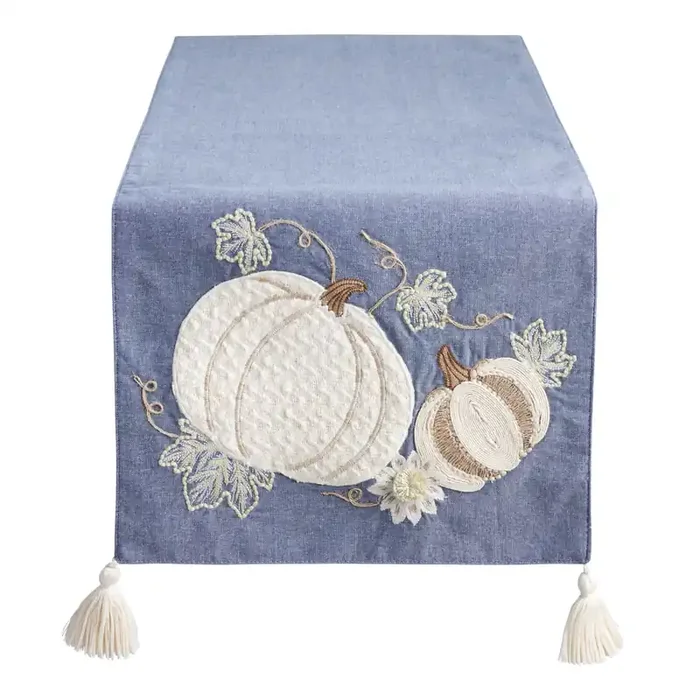 Chambray Blue Embroidered Pumpkin Table Runner