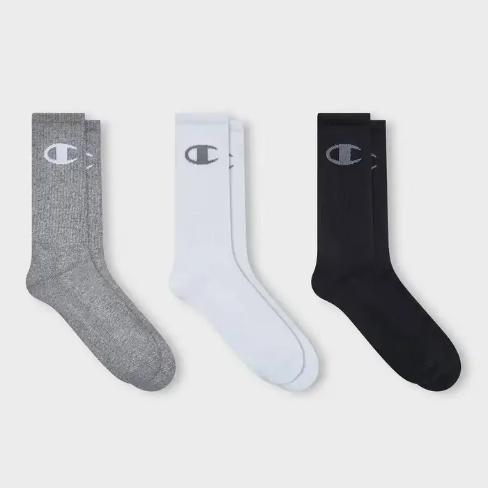 Champion Authentic Originals Men‘s 3pk Logo Cushion Crew Socks – Gray/White/Black 6-12