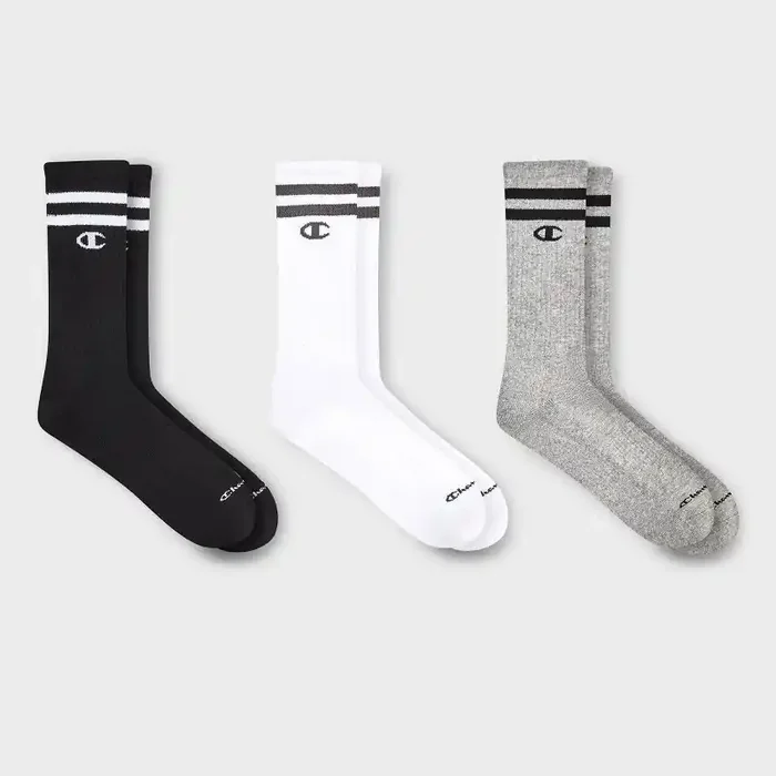 Champion Authentic Originals Men‘s 3pk Varsity Cushion Crew Socks – Gray/White/Black 6-12