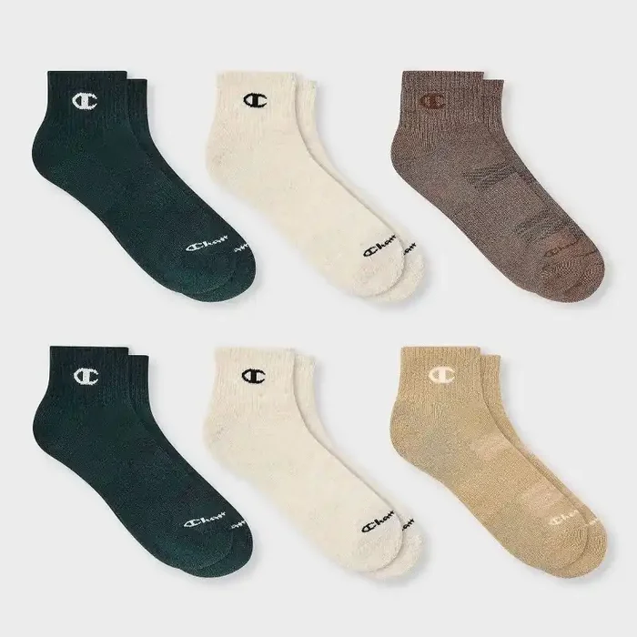 Champion Iconic Essentials Men‘s 6pk Cushion Quarter Socks – Green/Cream/Tan 6-12