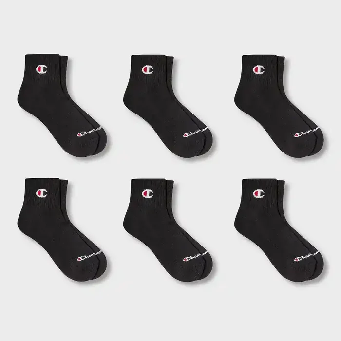 Champion Iconic Essentials Women‘s 6pk Cushioned Quarter Crew Socks – Black 4-10