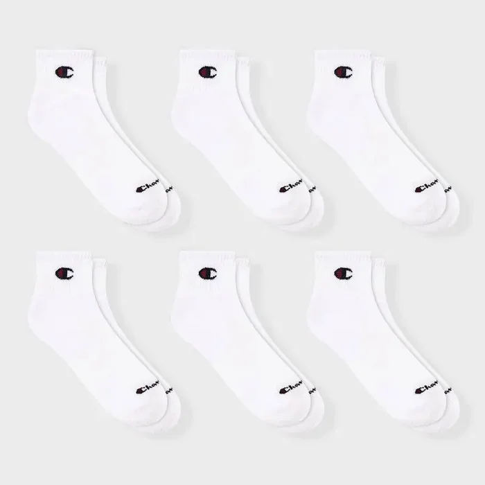 Champion Iconic Essentials Women‘s 6pk Cushioned Quarter Crew Socks – White 4-10