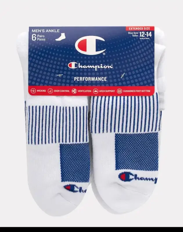 Champion Men‘s High Performance Extended Size Ankle Socks – White