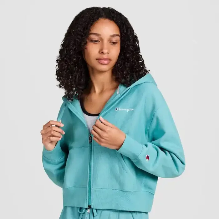 Champion Women‘s Cropped Fleece Zip-Up Sweatshirt – Teal Blue M