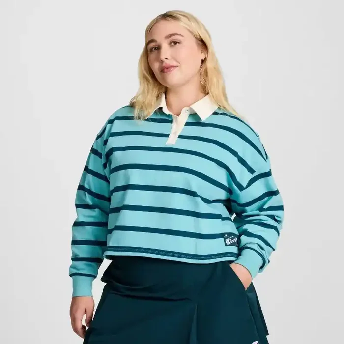 Champion Women‘s Long Sleeve Rugby Shirt – Teal Blue Striped L