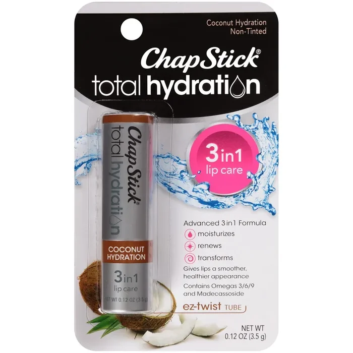 ChapStick Total Hydration (Coconut Hydration Flavor, 0.12 Ounce) Flavored Lip Balm Tube, 3 in 1 Lip Care, Contains Omegas 3 6 9