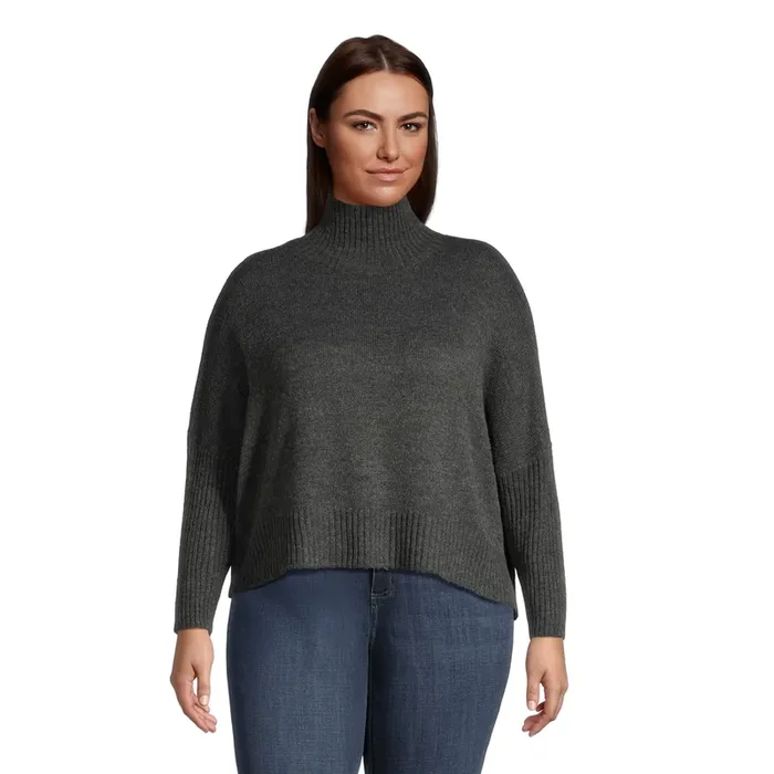Charcoal Recycled Yarn Ribbed Knit Funnel Neck Sweater