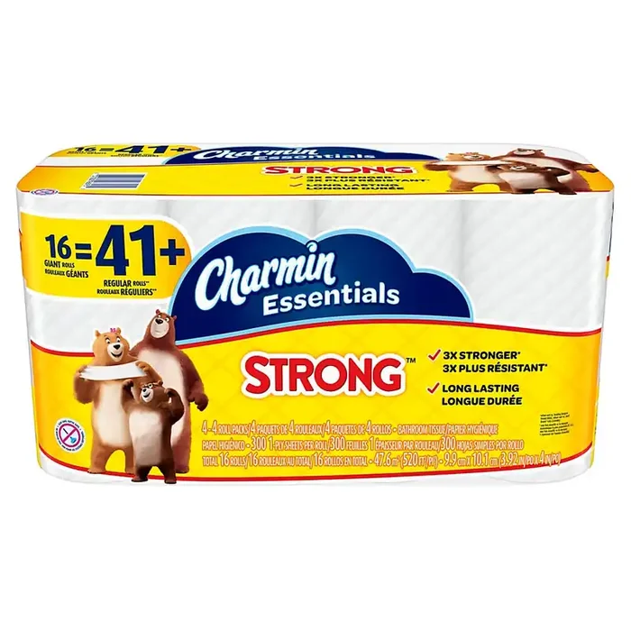 Charmin Essentials Strong 1-Ply Bathroom Tissue, White, 300 Sheets Per Roll, Pack Of 16 Rolls