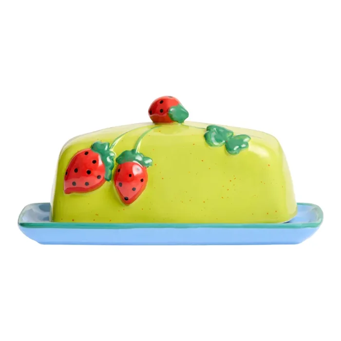 Chartreuse and Blue Ceramic Embossed Strawberry Butter Dish