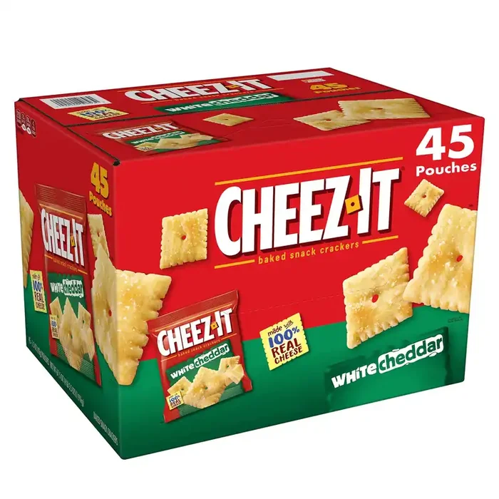 Cheez-It Cheese Crackers, Baked Snack Crackers, Office and Kids Snacks, White Cheddar, 67.5oz Box, 45 Pouches