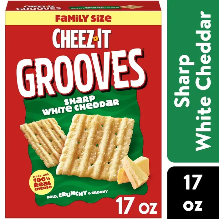 Cheez-It Grooves Crunchy Cheese Crackers, Snack Crackers, Lunch Snacks, Family Size, Sharp White Cheddar, 17oz Box, 1 Box