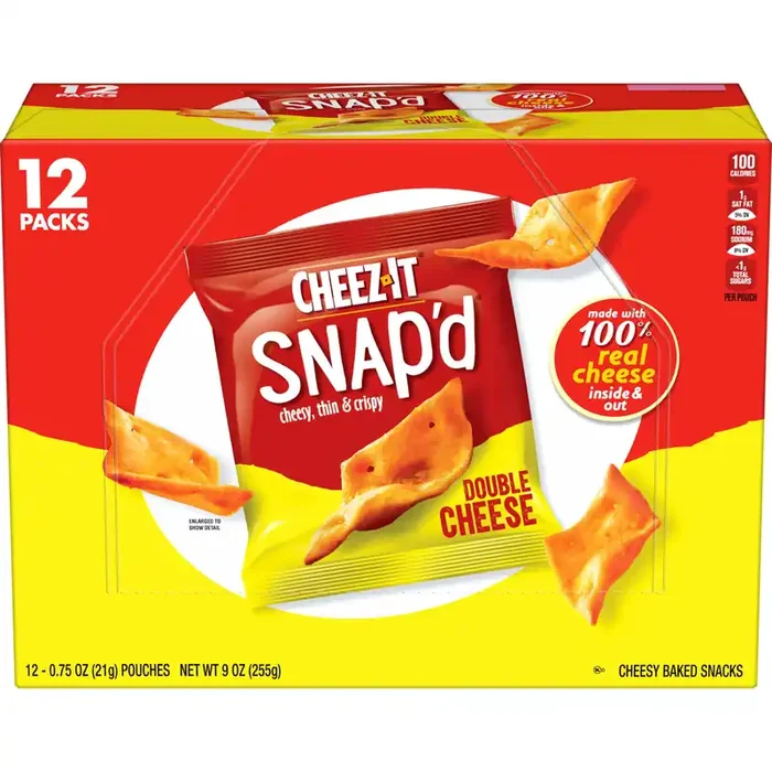 Cheez-It Snap‘d Cheese Cracker Chips, Thin Crisps, Lunch Snacks, Double Cheese, 9oz Box, 12 Pouches