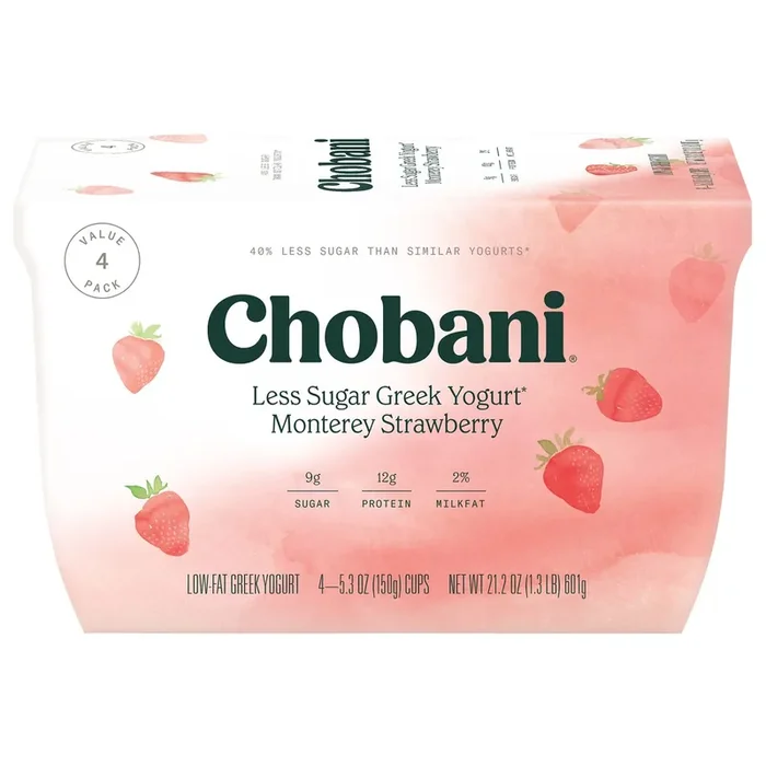 Chobani Yogurt, Greek, Less Sugar, Low-Fat, Monterey Strawberry, Value Pack