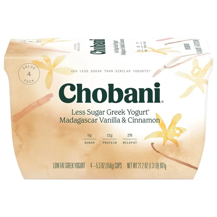 Chobani Yogurt, Greek, Low-Fat, Less Sugar, Madagascar Vanilla & Cinnamon, Value Pack