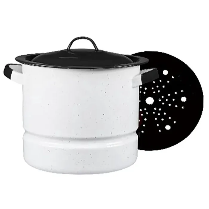 Cinsa Enamel Steamer Pot with Lid & Trivet – Speckled White