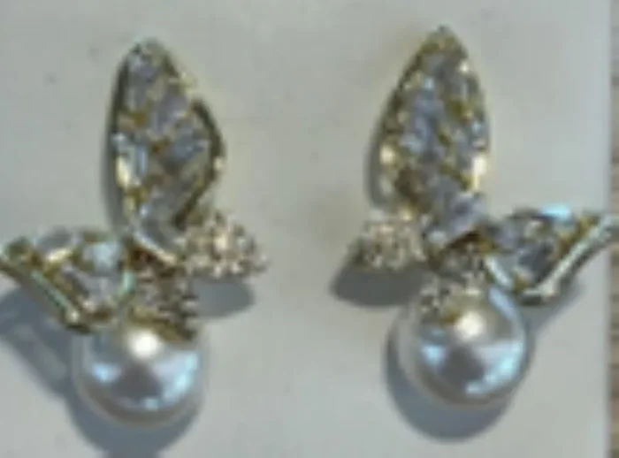 City by City Gold Pave Butterfly Earrings With a Pearl and Cubic Zirconia Crystals