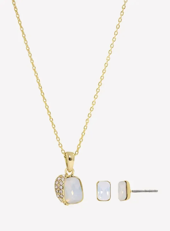 City by City Gold Plated Emerald Cushon Stone White Opal Neck and Earrings Set With Genuine Crystals