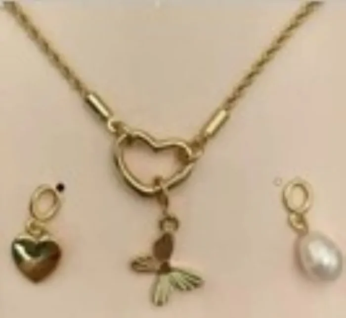 City by City Gold Plated Heart Pendant Necklace With Heart And Butterfly Charms Made With Cubic Zirconia