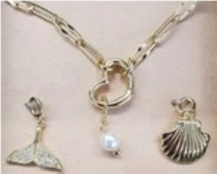 City by City Gold Plated Open Heart Pendant With Shell and Fin Charms Made With Pearl and Cubic Zirconia