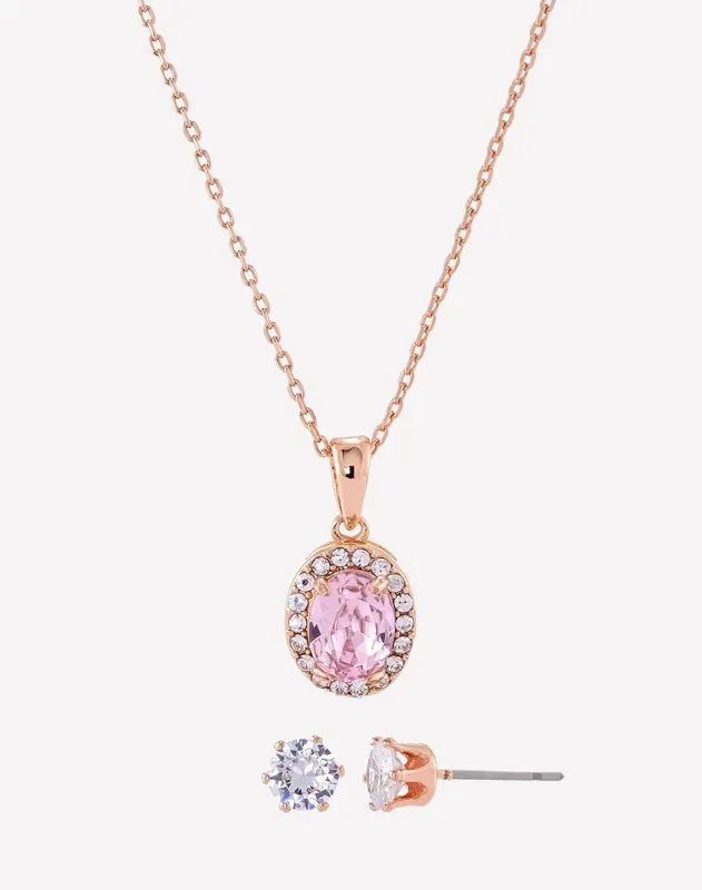 City by City Rose Gold Plated Oval Stone Halo Pave Set With Pink Genuine Crystals
