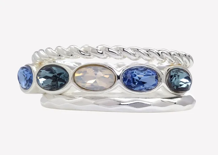 City by City Silver Plated 3 Band Ring Set With White Opal, Light Sapphire, and Denim Stones