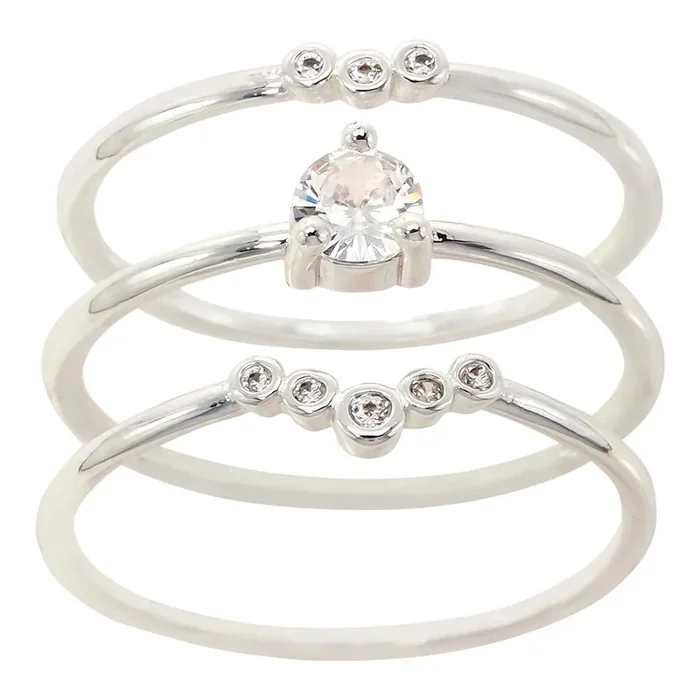 City by City Silver Tone Cubic Zirconia Round Multi Stone 3 Band Ring Set in Size 9