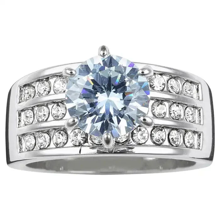 City By City Three Row Band with Large Cubic Zirconia Solitaire, Size 9