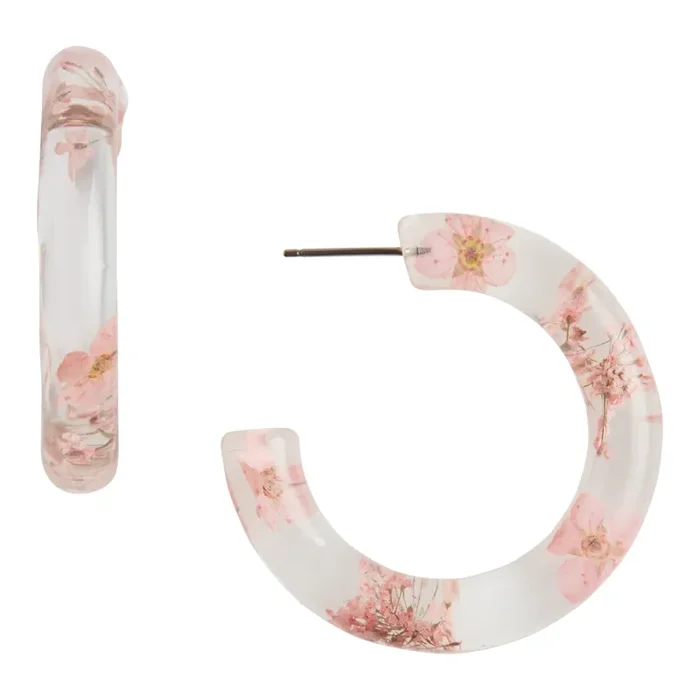 Clear Acrylic And Pink Dried Flower Hoop Earrings