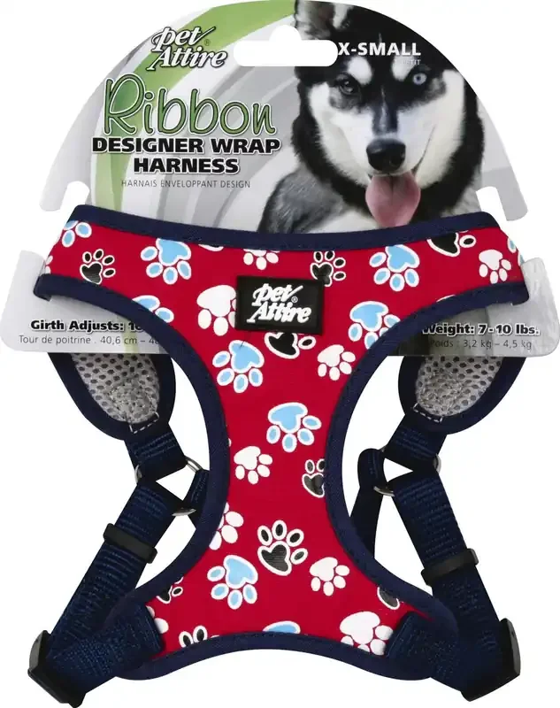 Coastal Ribbon Designer Wrap Adjustable Dog Harness, Red with Paws, X-Small – 5/8″ x 16″-19″ 7-10 lb