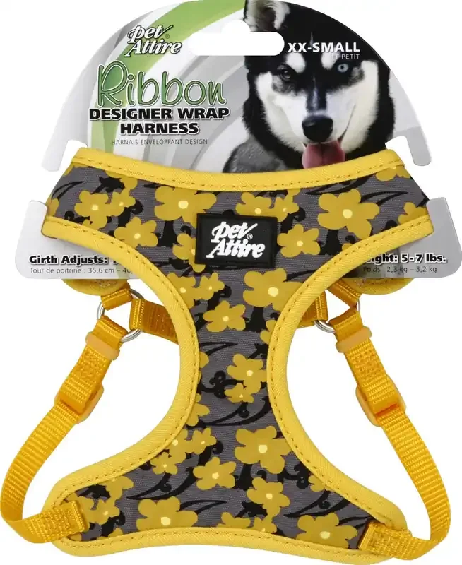 Coastal Ribbon Designer Wrap Adjustable Dog Harness, Yellow Buttercup, XX-Small – 3/8″ x 14″-16″ 5-7 lb