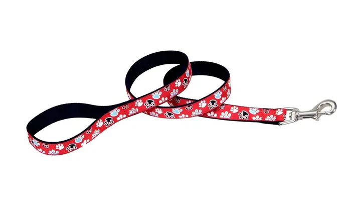 Coastal Ribbon Dog Leash, Red with Paws, Small/Medium – 5/8″ x 4‘