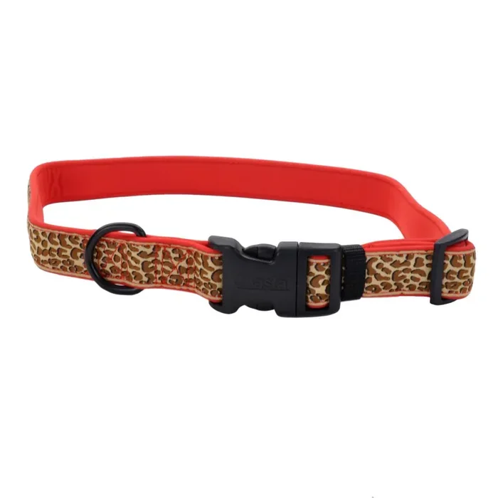 Coastal Ribbon Weave Collar, Brown Leopard on Red, X-Small – 5/8″ x 8″-12″