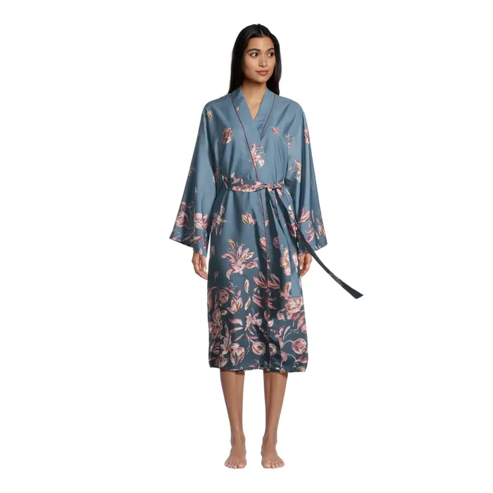 Colette Steel Blue And Merlot Satin Floral Robe