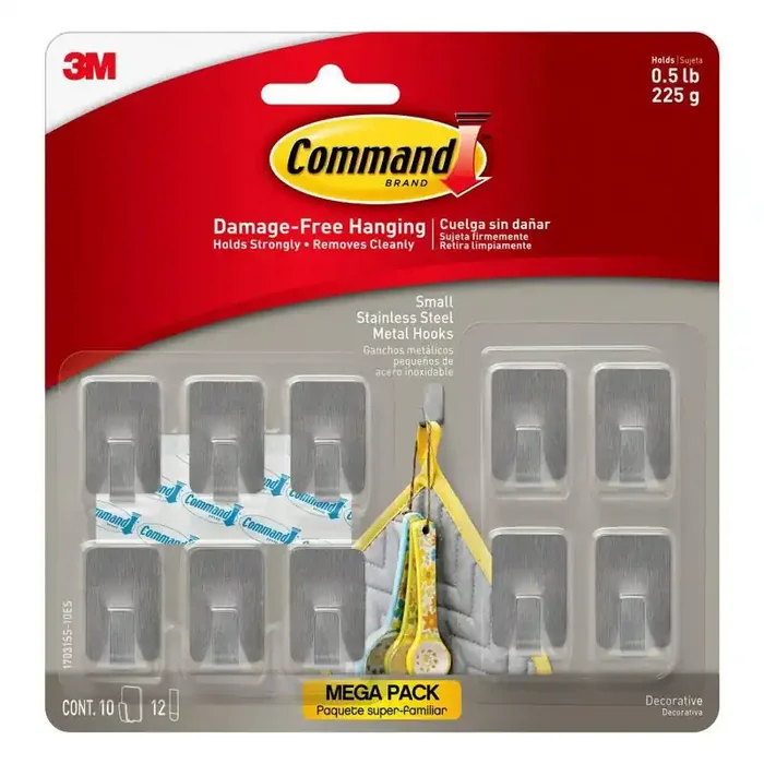 Command 10pk Small Stainless Steel Hooks Adhesive Hat & Comando Hooks, 0.5 lb Capacity, Silver, Metal, 90-Day Warranty