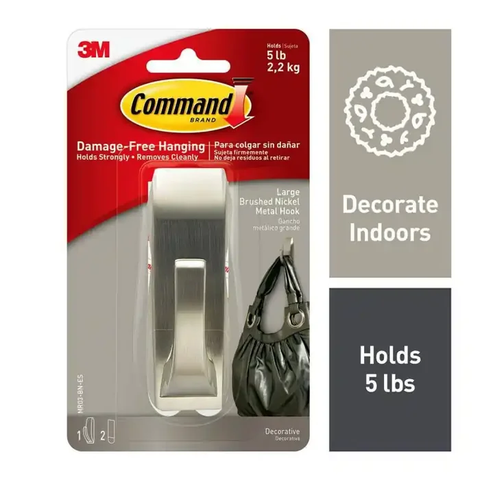 Command 2 Strips Large Sized Modern Reflections Hook Brushed Nickel Metal Towel Hook, 5 lb Capacity, Silver