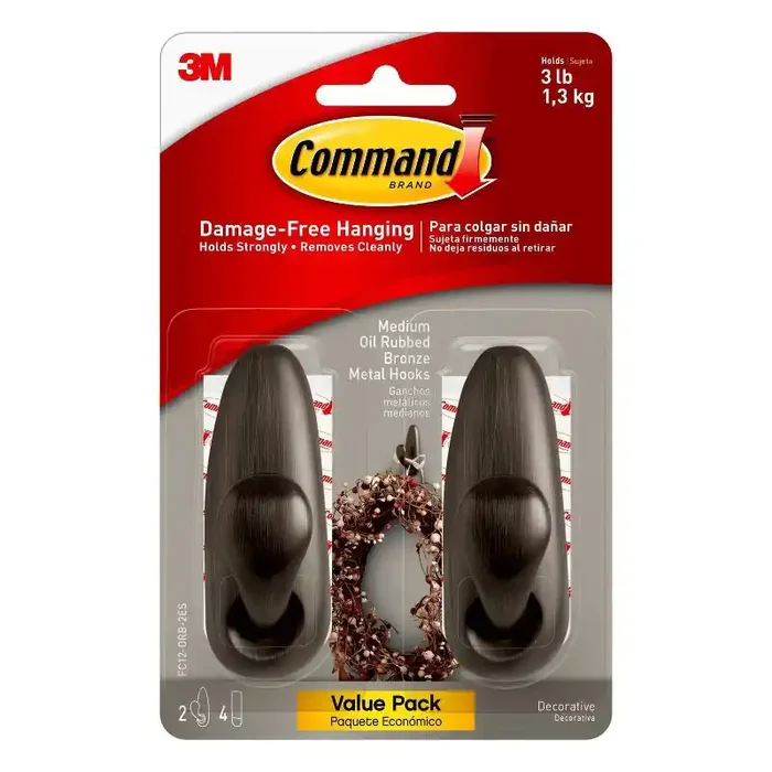 Command 2pk Medium Sized Forever Classic Decorative Hooks Oil Rubbed Bronze Wall & Towel Hooks, 3lb Capacity, Metal