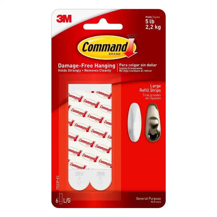Command 6 Strips Large Sized Refill Strips Tape White 3M Command Hooks Adhesive, 5 lb Capacity, Plastic, 6 Pack