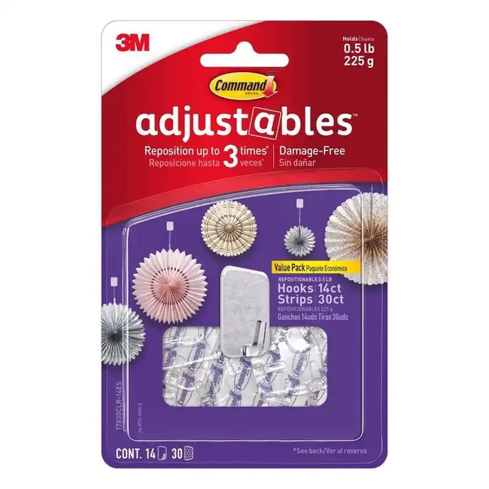 Command Adjustables 1/2 lb 14pc 30 Strips Repositionable Decorative Hooks