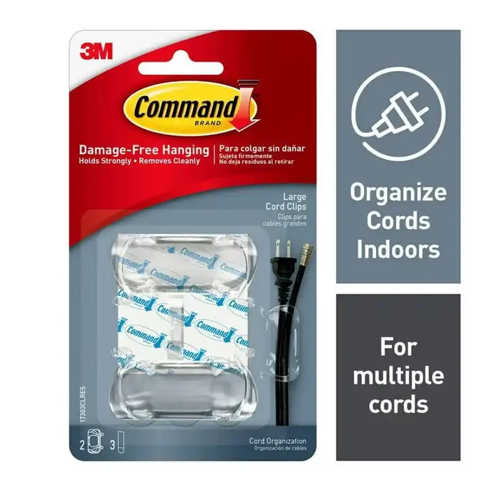 Command Clear Large Cord Clips Adhesive Hooks for Cable Management, Cord Holder, Extension Cord Clips, 2 Pack