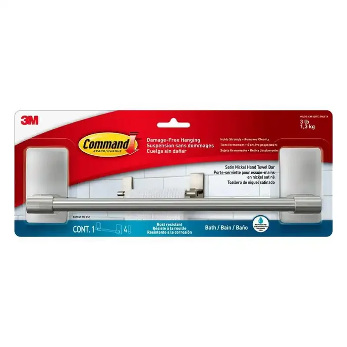 Command Damage-Free Hanging Satin Nickel Hand Towel Bar