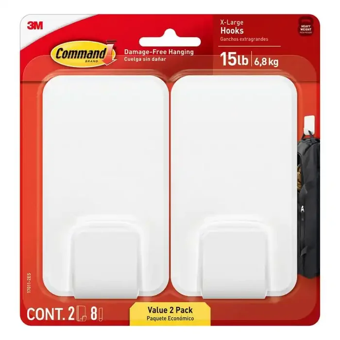 Command Jumbo Double Hook Heavy Duty Adhesive Hooks, 15 lb Capacity, White, 2 Pack
