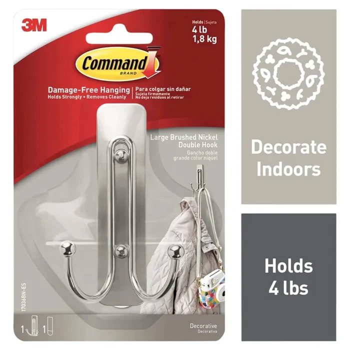 Command Large Brushed Nickel Double Hook