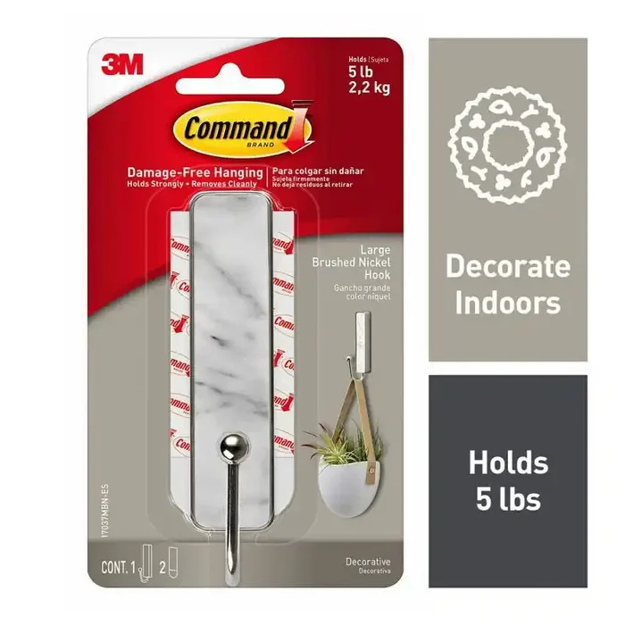 Command Large Sized Decorative Hook Brushed Nickel Wall Hooks, Plastic, Painted Finish, 5 lb Capacity, Silver
