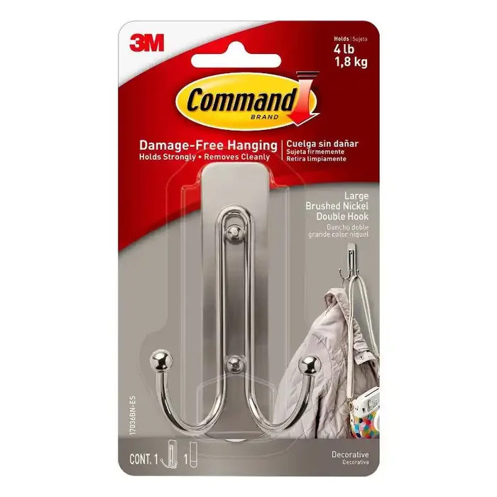 Command Large Sized Double Decorative Hook Brushed Nickel Wall Hook, Plastic, Painted Finish, 4 lb Capacity, Silver